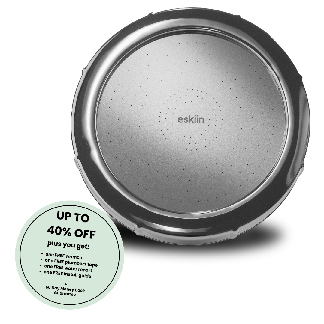 Circular silver shower head with discount offer and included installation tools.